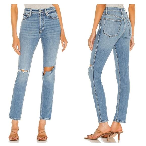 Re/Done Originals 80s Slim Straight Brisk Blue With Rips Size 24 - Picture 1 of 10